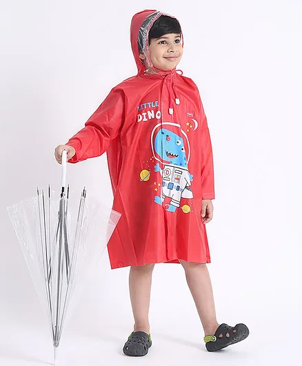 Babyhug Full Sleeves Hooded Raincoat Space Dino Print - Red