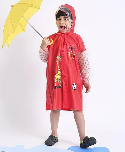 Babyhug Full Sleeves Raincoat Animal Print - Red
