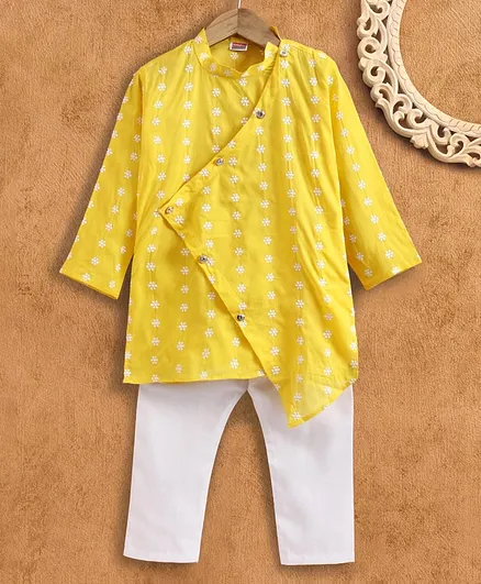 Babyhug Full Sleeves Overlapping Kurta Pyjama Set Floral Embroidery - Yellow