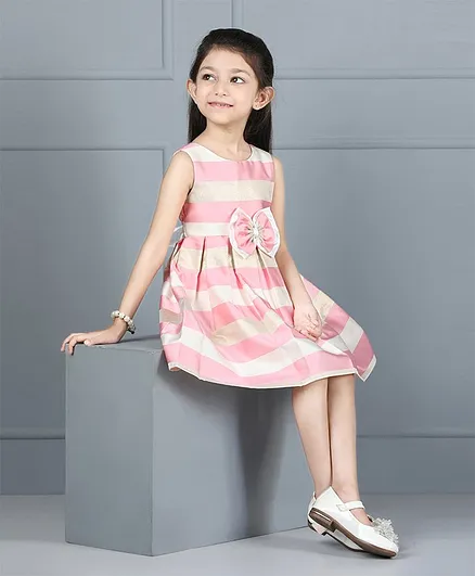 Babyhug Party Wear Sleeveless Stripe Pleated Frock Bow Applique - Pink White