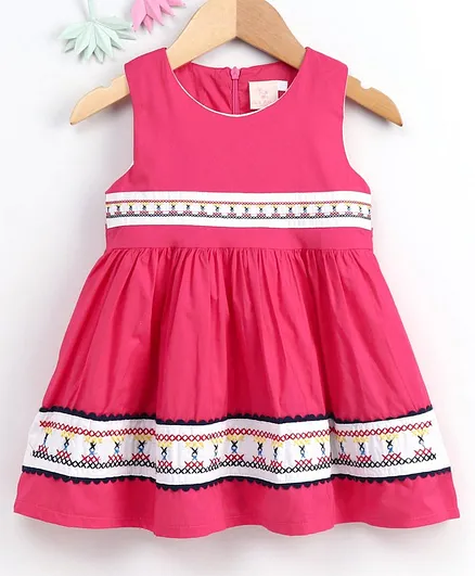 Smile Rabbit Sleeveless Frock Embroidered - Pink