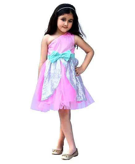Piccolo Bow Applique Sequined Sleeveless Flared Netted Dress  - Pink