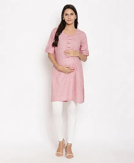 Kriti Three Fourth Sleeves Striped Maternity Ethnic Kurta - Pink