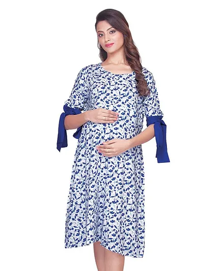 Kriti Half Sleeves Maternity Dress Floral Print - Blue White