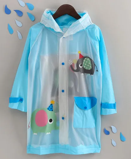 Full Sleeves Hooded Raincoat Elephant Print - Blue