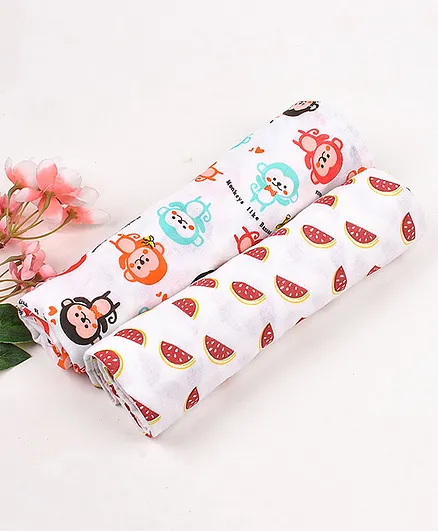 Mom's Home Cotton Muslin Swaddle Wrapper Animal & Fruits Print Pack of 2 - White