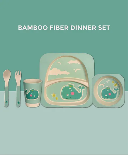 Polka Tots Bamboo Fiber Whale Design Kids Crockery Dining Set Pack Of 5 - Green