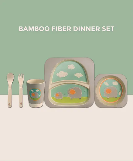 POLKA TOTS Eco Friendly Bamboo Fiber Dinner Set 5 Pcs Tableware Crockery Set - Baby Elephant
