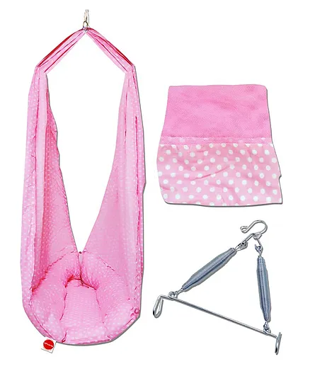 VParents Polka Dots Baby Swing Cradle with Mosquito Net and Spring - Pink