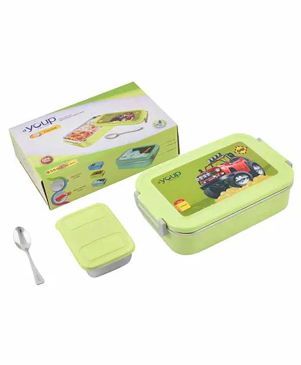 Youp Stainless Steel Insulated Cars Theme Lime Green  Color  Lunch Box - 850ml