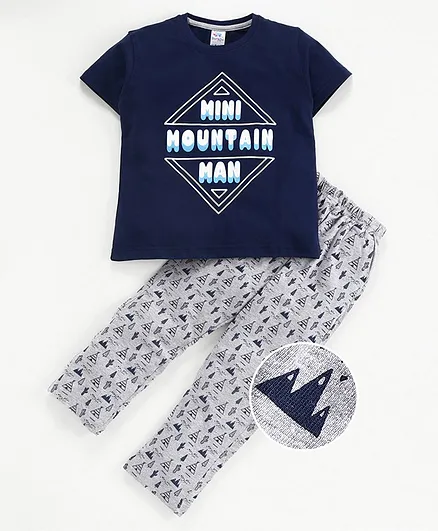 DEAR TO DAD Text Printed Half Sleeves Tee & Lounge Pants Set - Navy Blue