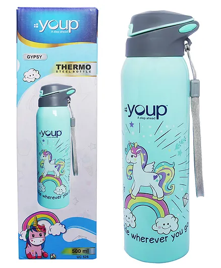 Youp Stainless Steel Sea green Color Unicorn Kids Insulated Double Wall  Sipper Bottle Gypsy - 550 ml