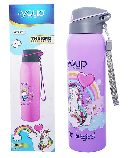 Youp Stainless Steel Mauve Color Unicorn Kids Insulated Double Wall Sipper Bottle Gypsy - 550 ml (Colour & Design May Vary)
