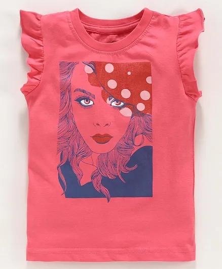 Kiddopanti Cap Sleeves Girl Printed Top - Pink