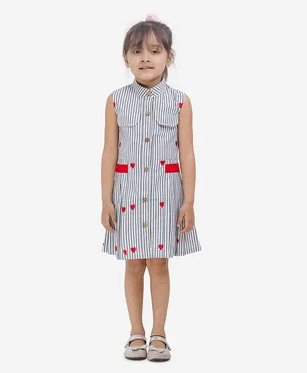 Fairies Forever Sleeveless Heart Print Front Pleated Casual Dress - Red And Grey