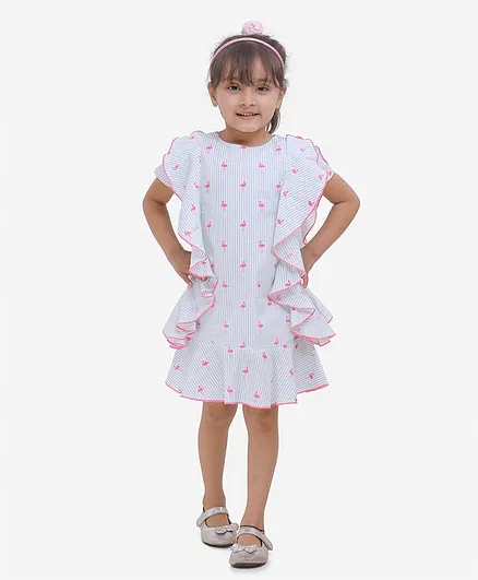 Fairies Forever Half Sleeves Flamingos With Stripes Dress - Blue & Pink