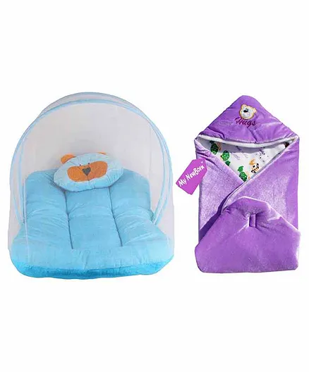 My New Born Baby Bedding Set with Mosquito Net & Hooded Wrapper - Blue Purple