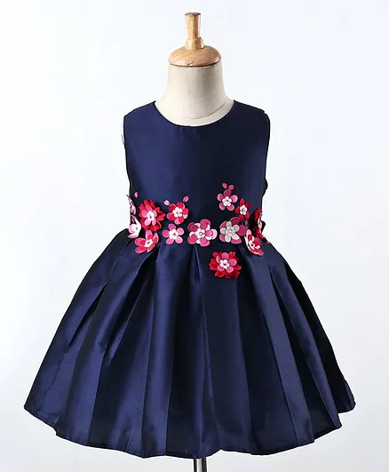 A Little Fable Solid Fit & Flare Sleeveless Pleated Dress - Navy Blue