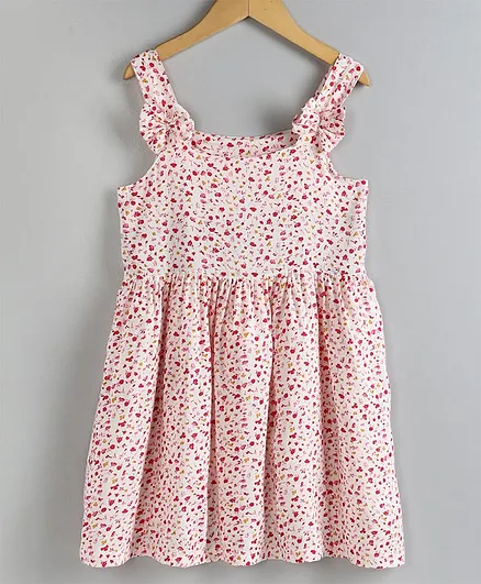 Little LABS Two Bow Shoulder Floral Print Sleeveless Dress - Red & White