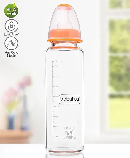 Babyhug Standard Neck Glass Feeding Bottle Orange - 250 ml