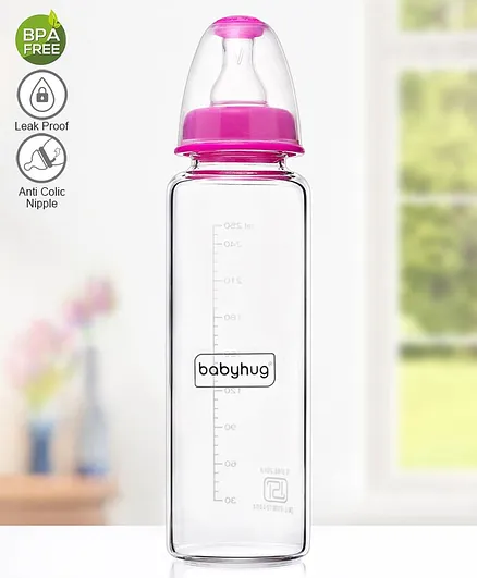 Babyhug Standard Neck Glass Feeding BottlePink - 250 ml