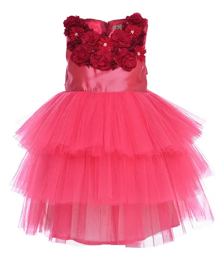 A Little Fable Flower Applique Sleeveless Ruffle Dress - Pink