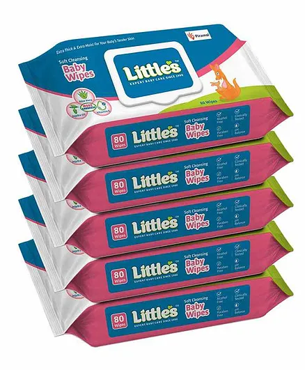 Little's Soft Cleansing baby Wipes ( Lid Pack ) Pack of 5 - 80 Pieces Each