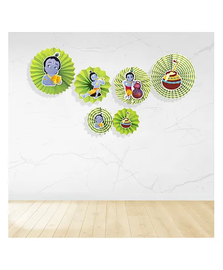 Untumble Krishna Theme Paper Fan Decoration Green - Pack of 6