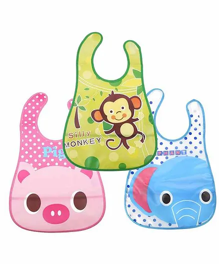 My NewBorn Printed Velcro Closure Bibs With Pocket Pack of 3 - Green Pink Blue