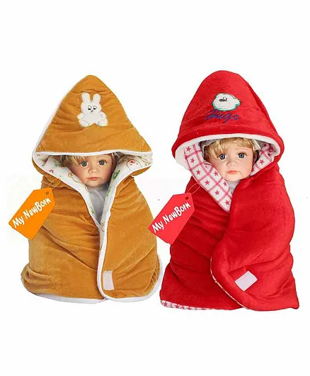 My Newborn Hooded Baby Wrapper Pack of 2 - Yellow Red