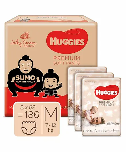 Huggies Premium Soft Pants Sumo Monthly Pack Medium Size Diapers - 186 Pieces