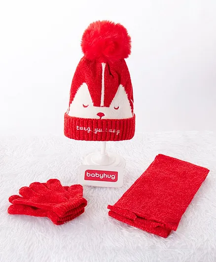 Babyhug Woollen Cap & Gloves With Muffler Fox Design  Red - Diameter 12 cm