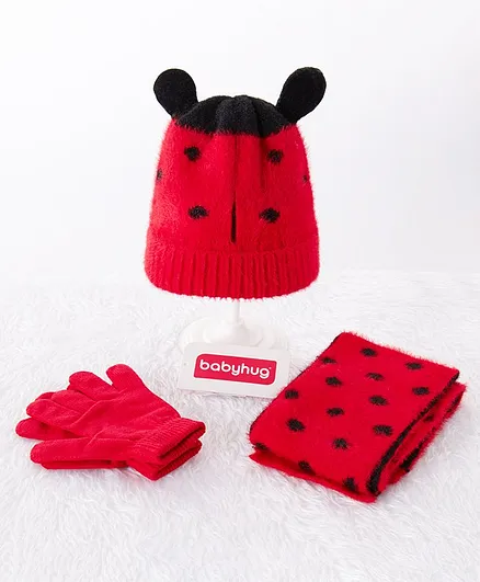 Babyhug Woolen Cap & Gloves With Muffler Red  -  Diameter 10 cm