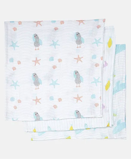 Ooka Baby 100% Premium Cotton Muslin Printed Swaddle Wrapper Pack of 3 - Ocean's Lullaby Prints