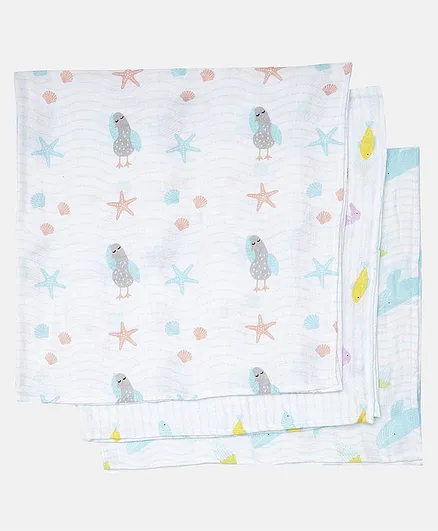 Ooka Baby 100% Premium Cotton Muslin Printed Swaddle Wrapper Pack of 3 - Ocean's Lullaby Prints