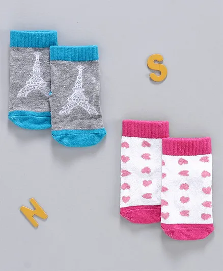 Cute Walk by Babyhug Anti Bacterial Ankle Length Socks Heart & Eiffel Tower Design Pack of 2 - Grey White