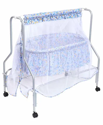 Kiddery Lyra Luxury Cradle with Mosquito Net Floral Print - Blue