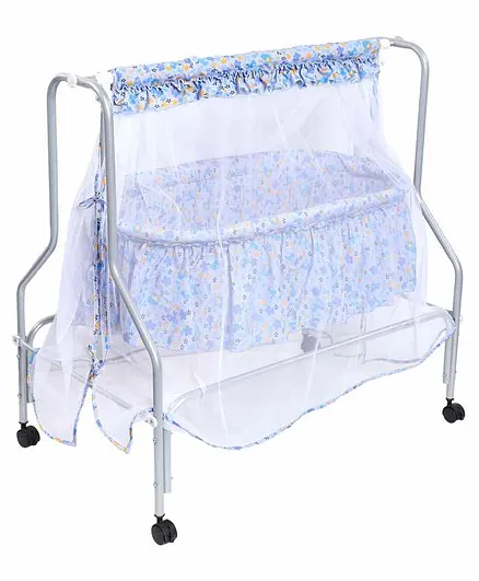 Kiddery Lyra Luxury Cradle with Mosquito Net Floral Print - Light Blue