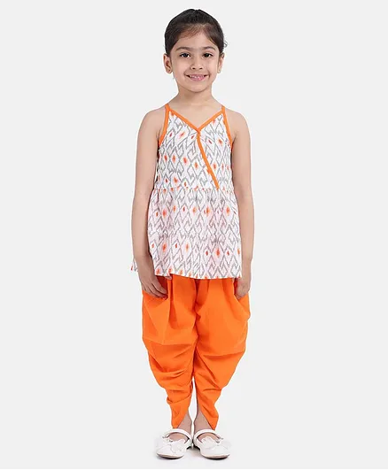 BownBee Sleeveless Ikat Kurta & Dhoti Set - Orange