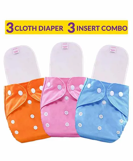  Bembika Reusable Solid Pocket Cloth Diapers With Inserts Pack of 3 - Blue Pink Orange