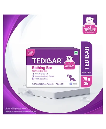 Tedibar Moisturising Baby Bathing Bar 75gx3 (Pack of 1) with Skin Friendly pH 100 Percent Soap Free Prevents Dryness & Rashes Dermatologically Tested - By Torrent Pharma