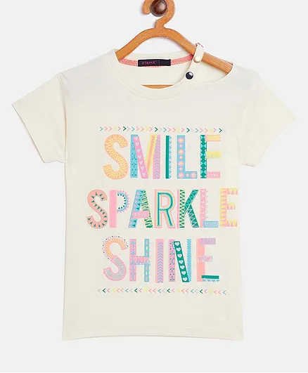 Ziama Half Sleeves Smile Sparkle Shine Printed Top - Off White