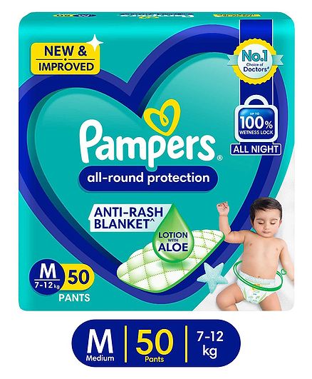 Pampers All round Protection Pants, Medium size (MD) 50 Count, Anti Rash diapers, Lotion with Aloe Vera