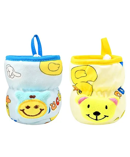 Broad Neck Feeding Bottle Cover with Strap Animal Motif Pack of 2 Yellow Blue - Fits 125 ml Bottle