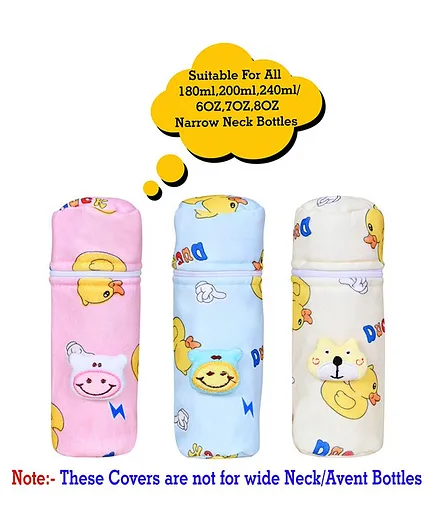 The Little Looker Plush Bottle Cover with Zip Pack of 3 Pink Yellow Blue - Fits 240 ml Bottle