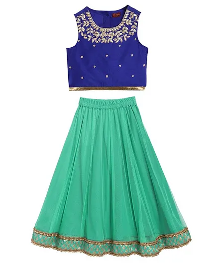Twisha Sleeveless Floral Neckline Choli With Contrast Ghagra - Blue Green