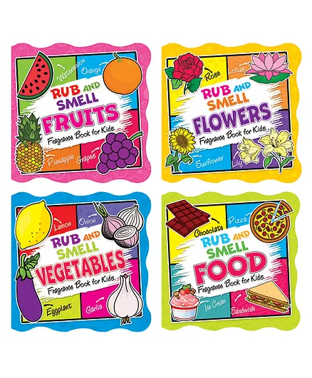 Dreamland Rub and Smell Books Pack- A Set of 4 Books , Food, Vegetables, Fruits, Flowers Books to Feel Fragrance for Children