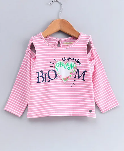 Babyoye Full Sleeves Cold Shoulder Striped Top Heart Embroidery - Pink