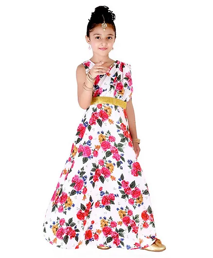 M'Andy Sleeveless Flower Printed Gown With Attached Dupatta - White
