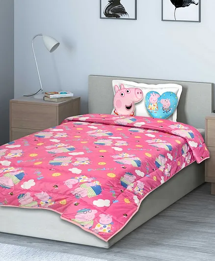 Saral Home Peppa Pig Velvet  Quilt For All Season with Two Cushions - Pink